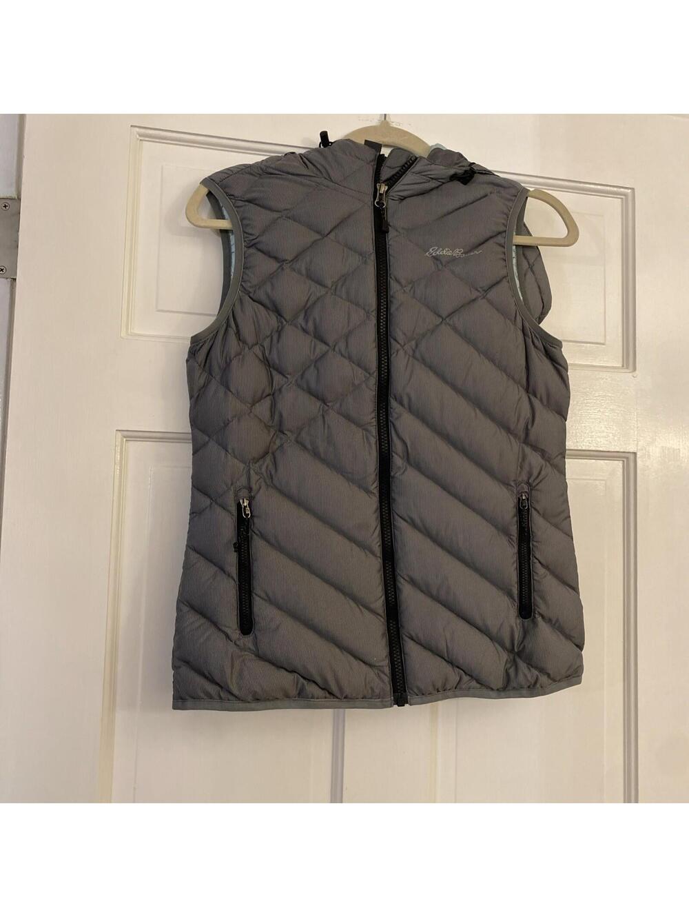 Eddie Bauer Down Quilted Vest Women's XS Full Zip Snap Puff Hooded Gray/Blue